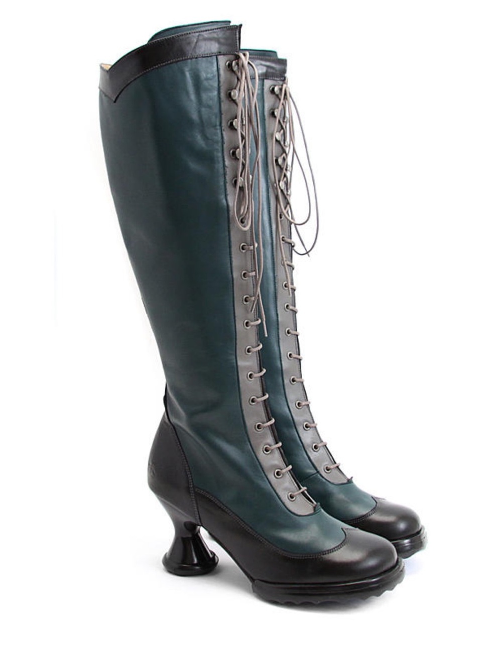 John Fluevog Mini Hotcakes Tall Boots in Green/Black - Size 7.5